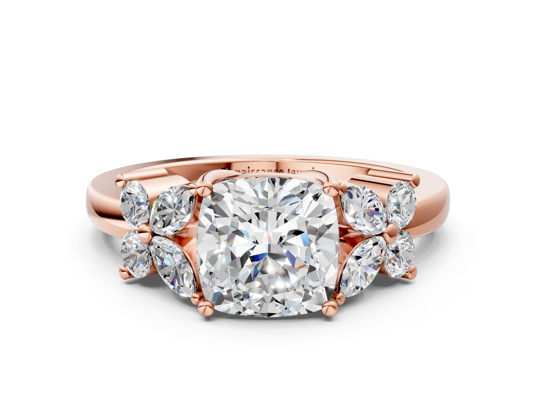 Rose gold Cushion Diamond Floral Cluster Ring with Solitaire Band and Prong Setting_83