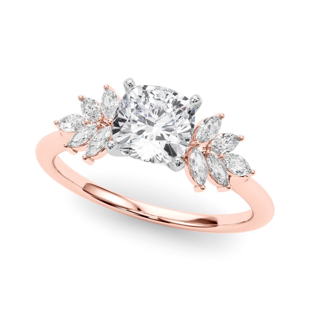 Rose gold Cushion Diamond Floral Side Stone Solitaire with Marquise Accents and Four-Prong Setting