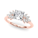 Rose gold Cushion Diamond Floral Side Stone Solitaire with Marquise Accents and Four-Prong Setting