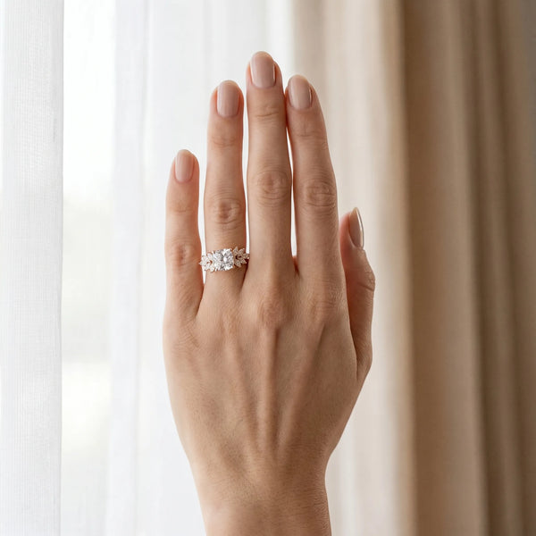 Rose gold Cushion Diamond Floral Side Stone Solitaire with Marquise Accents and Four-Prong Setting