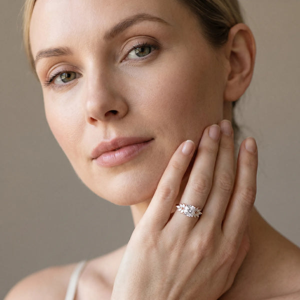 Rose gold Cushion Diamond Floral Side Stone Solitaire with Marquise Accents and Four-Prong Setting