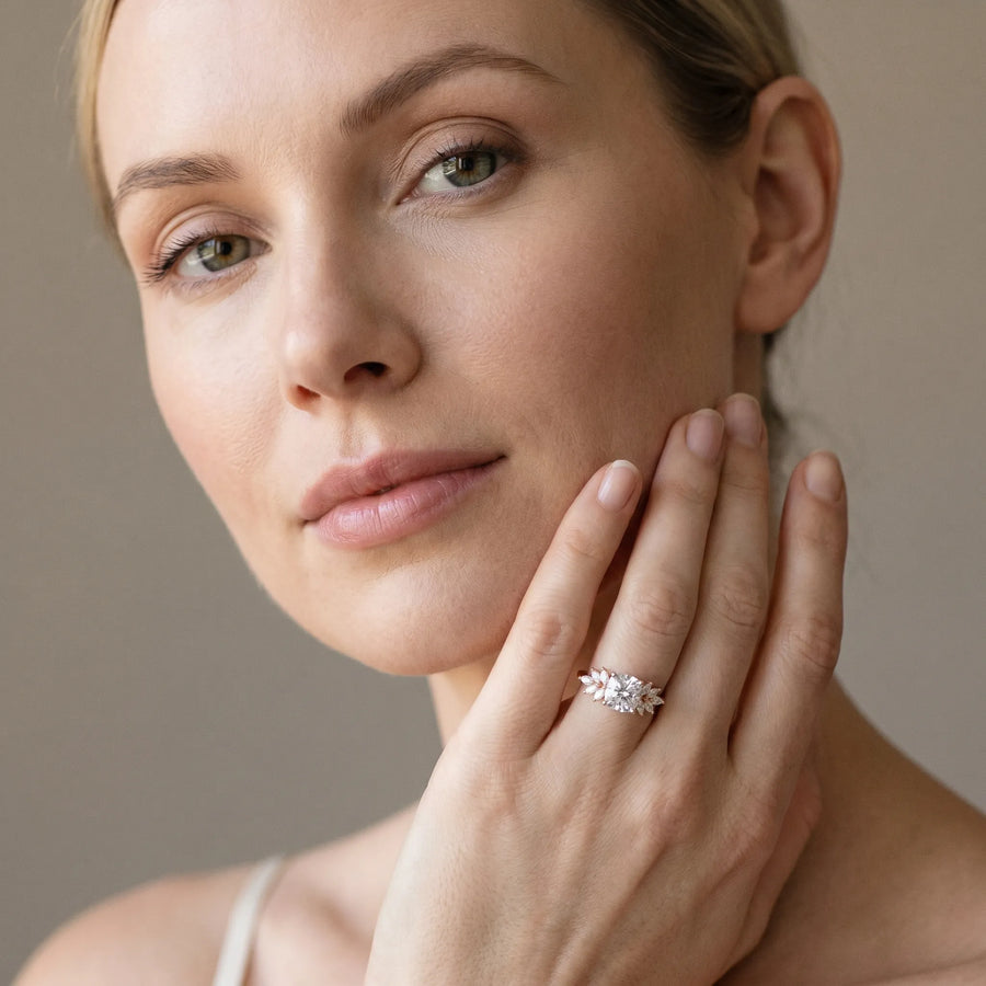 Rose gold Cushion Diamond Floral Side Stone Solitaire with Marquise Accents and Four-Prong Setting