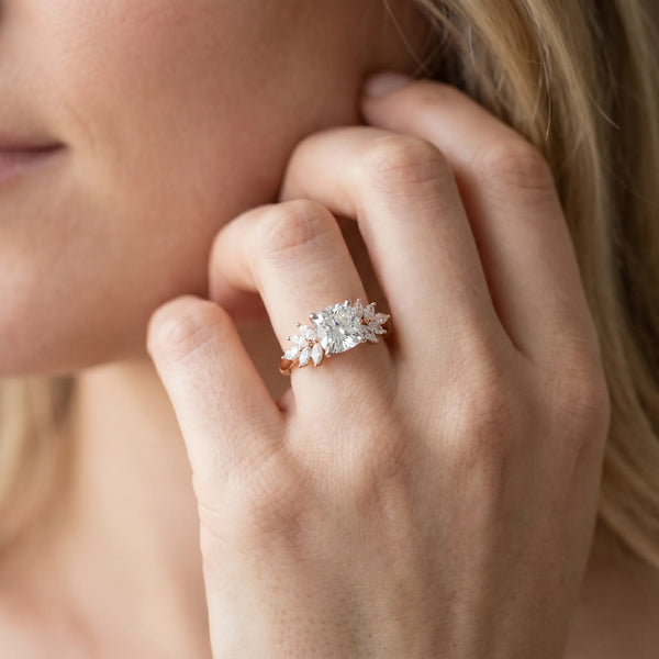 Rose gold Cushion Diamond Floral Side Stone Solitaire with Marquise Accents and Four-Prong Setting