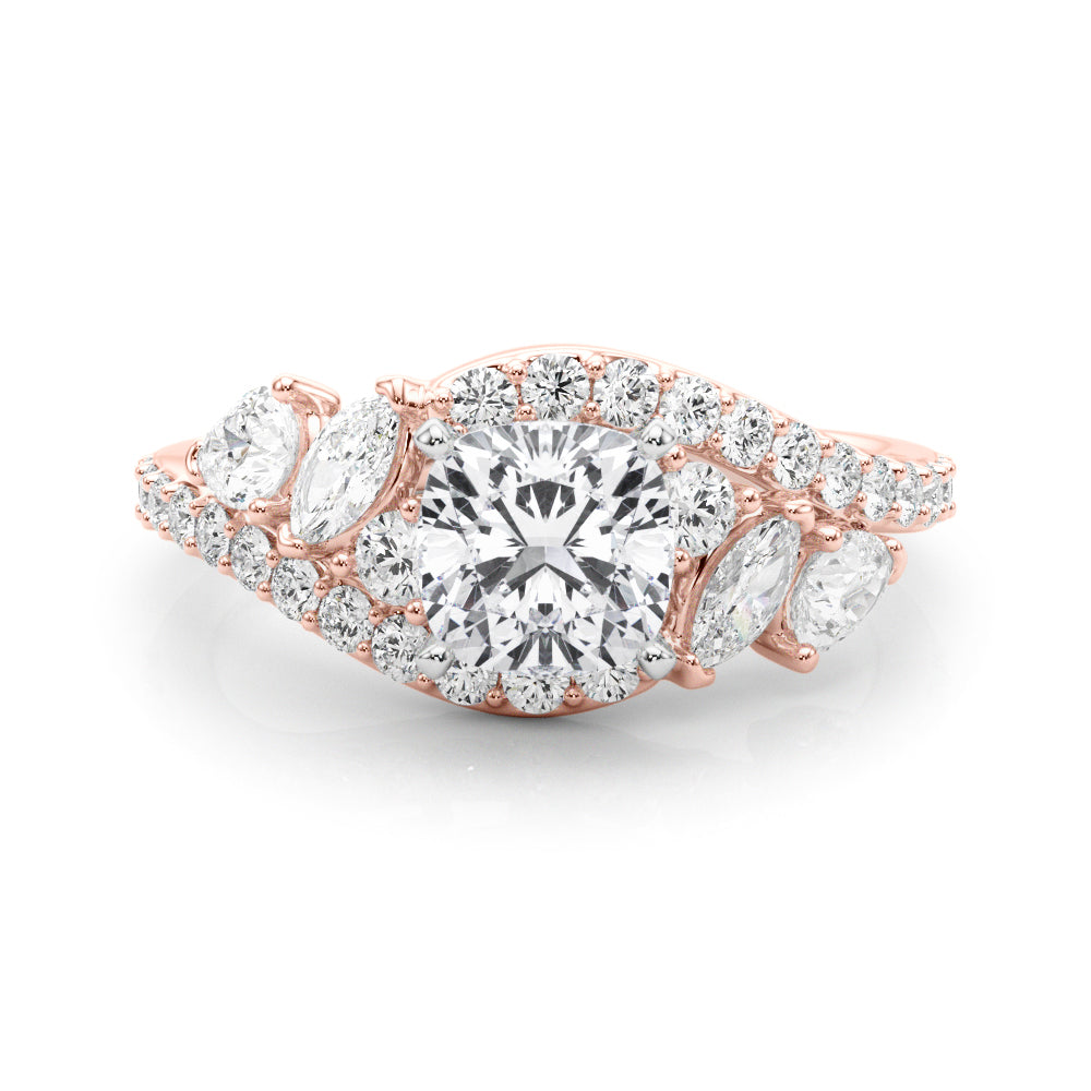 Rose gold Cushion Diamond Halo Ring with Marquise and Pavé Band in Prong Setting 1