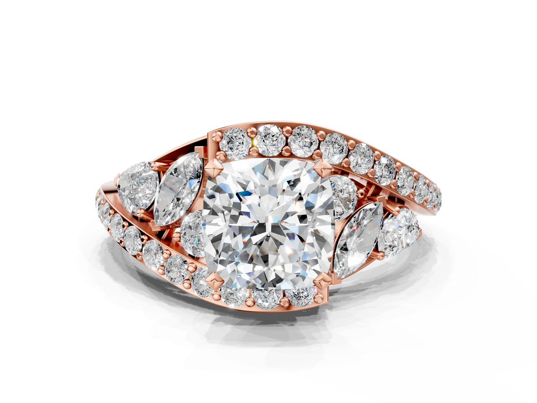 Rose gold Cushion Diamond Halo Ring with Marquise and Pavé Band in Prong Setting_71