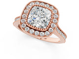 Rose gold Cushion Diamond Halo Ring with Milgrain Frame and Pavé Band 1