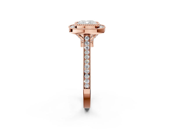 Rose Gold Cushion Cut Vintage Milgrain Halo Engagement Ring Setting