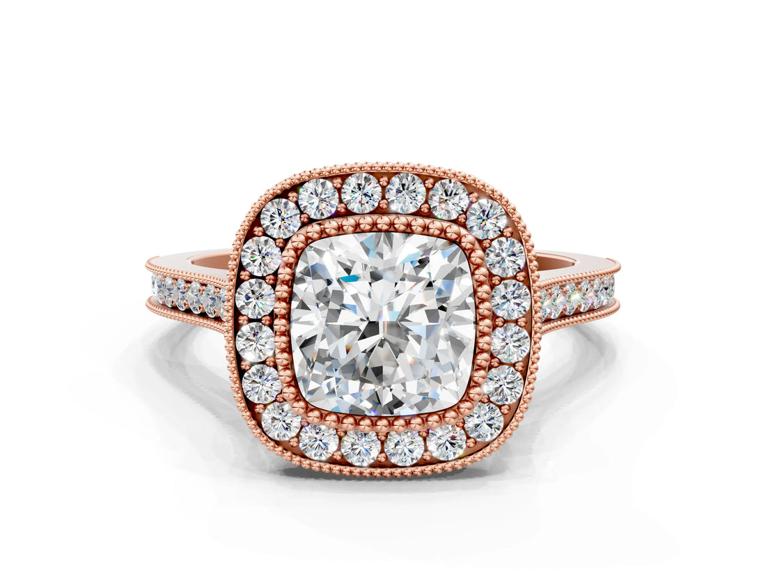 Rose gold Cushion Diamond Halo Ring with Milgrain Frame and Pavé Band