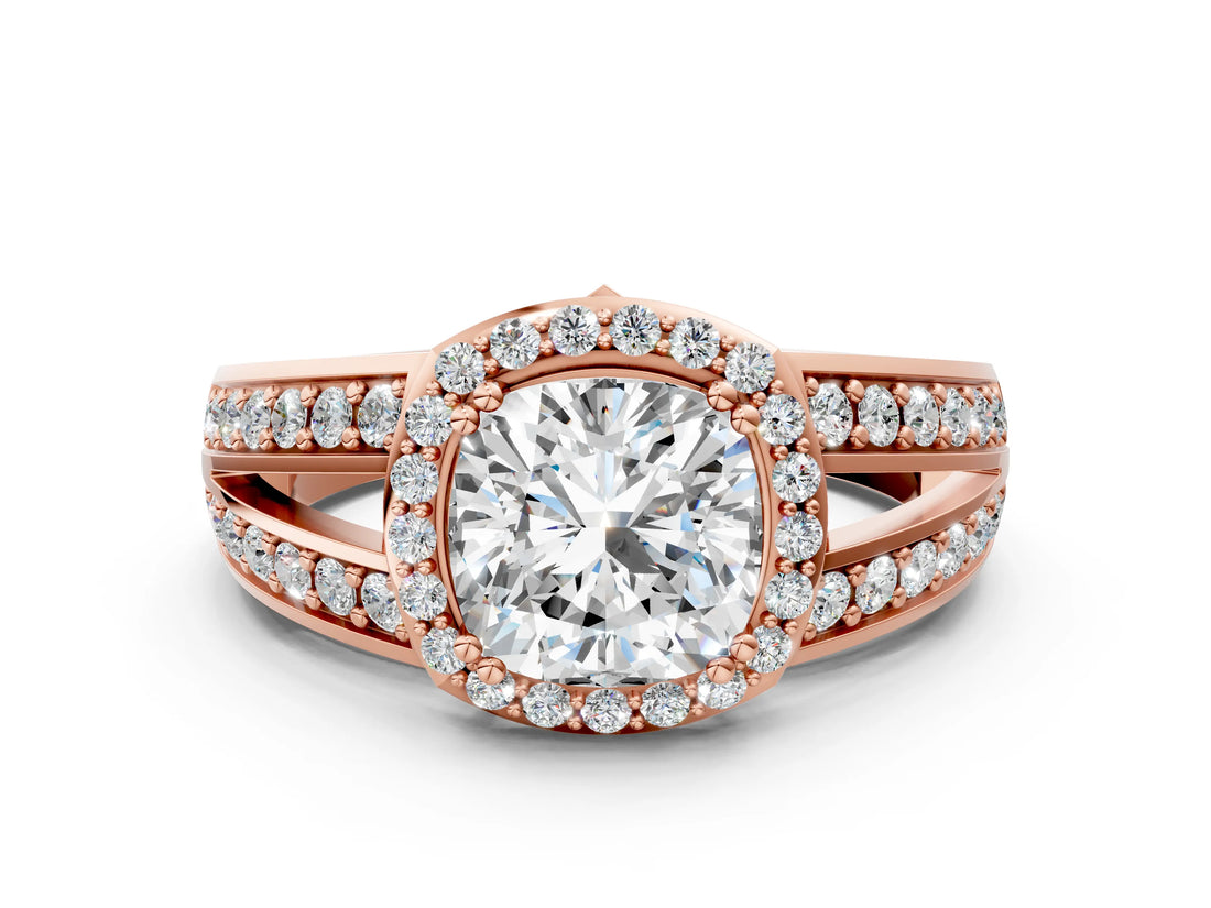 Rose gold Cushion Diamond Halo Ring with Split Shank Pavé Band and Four-Prong Setting_6
