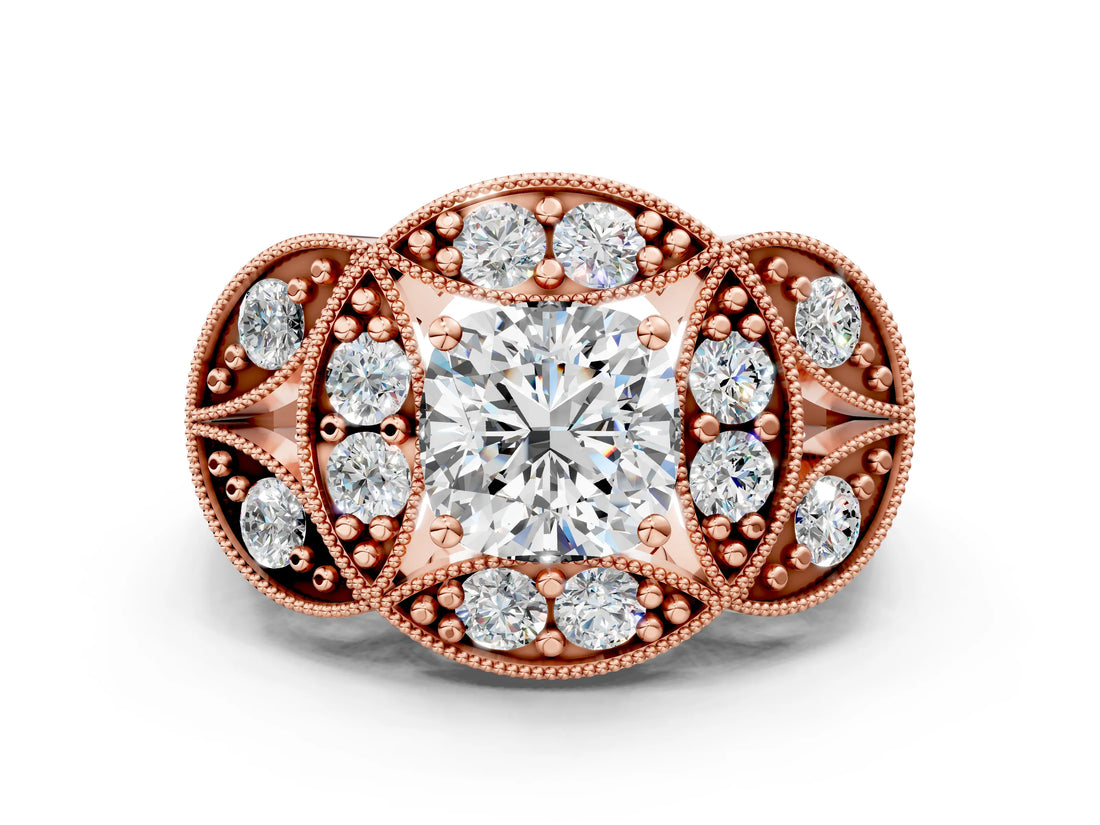 Rose gold Cushion Diamond Milgrain Marquise Filigree Engagement Ring with Prong Setting_6
