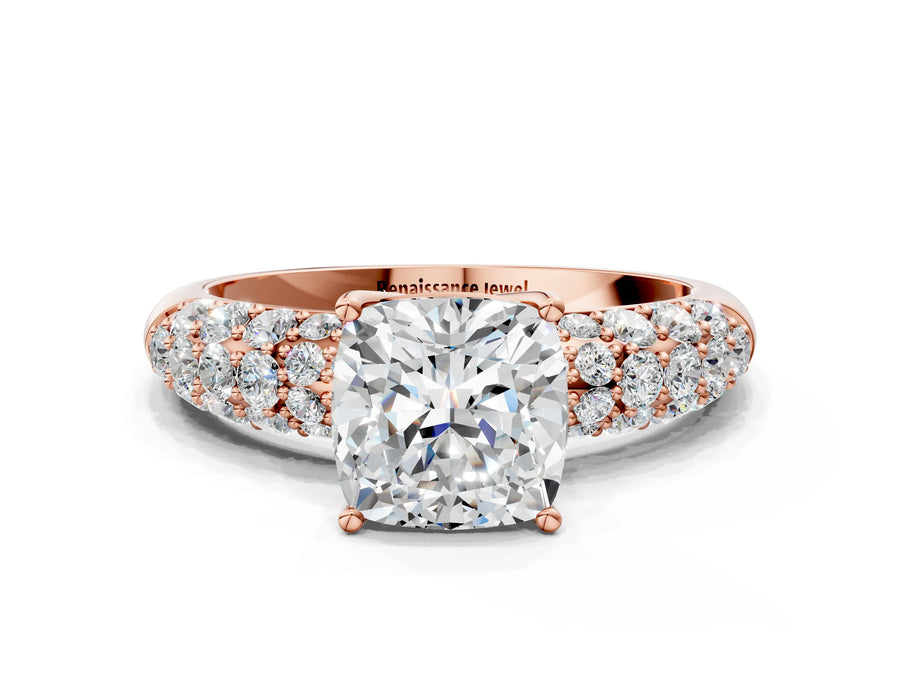 Rose gold Cushion Diamond Pavé Band Solitaire Ring with Four-Prong Setting