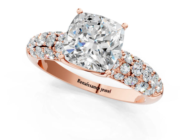 Rose gold Cushion Diamond Pavé Band Solitaire Ring with Four-Prong Setting
