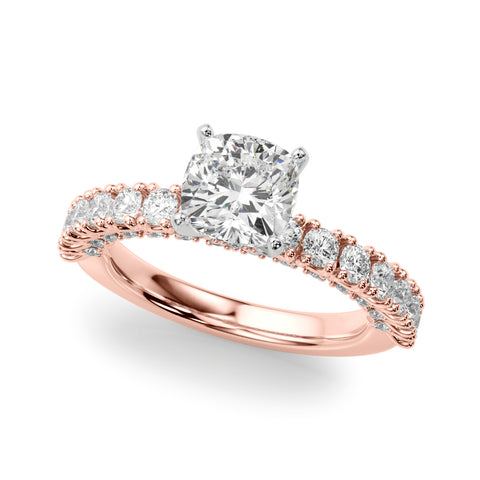 Rose gold Cushion Diamond Pavé Band Solitaire Ring with Four-Prong Setting