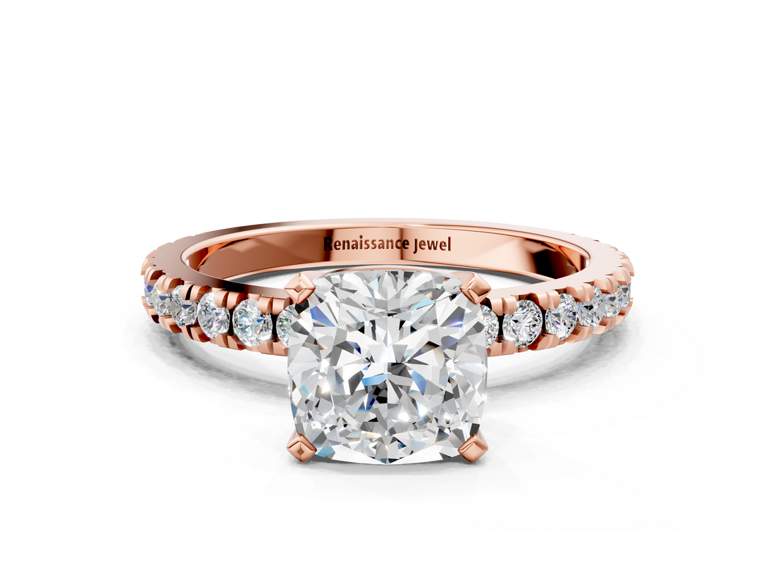 Rose gold Cushion Diamond Pavé Band Solitaire with Four-Prong Setting_203
