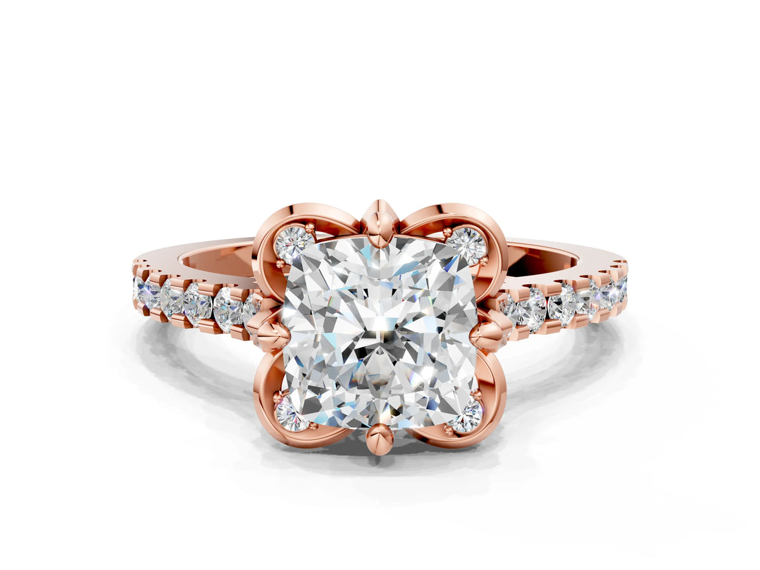 Rose gold Cushion Diamond Pave Band with Floral Prong Setting_27