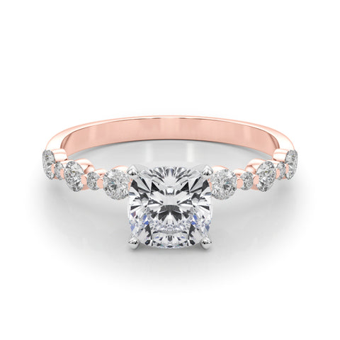 Rose gold Cushion Diamond Prong Set Engagement Ring with Pave Band 1