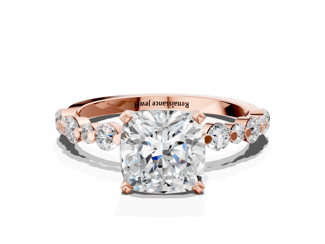 Rose gold Cushion Diamond Prong Set Engagement Ring with Pave Band_205