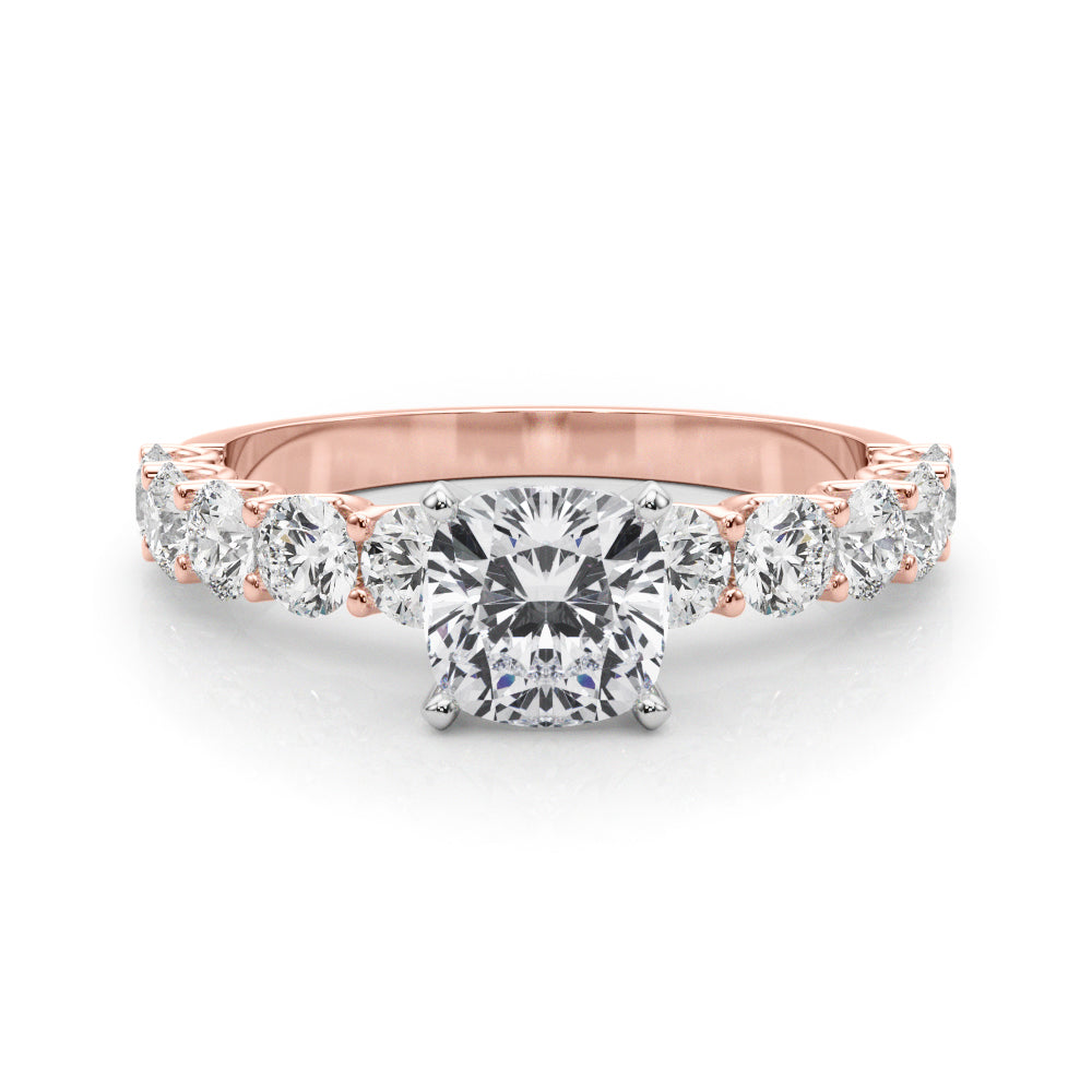 Rose gold Cushion Diamond Prong Setting with Side Stones on a Pave Band 1
