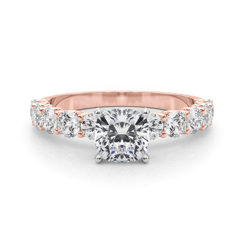 Rose gold Cushion Diamond Prong Setting with Side Stones on a Pave Band 1