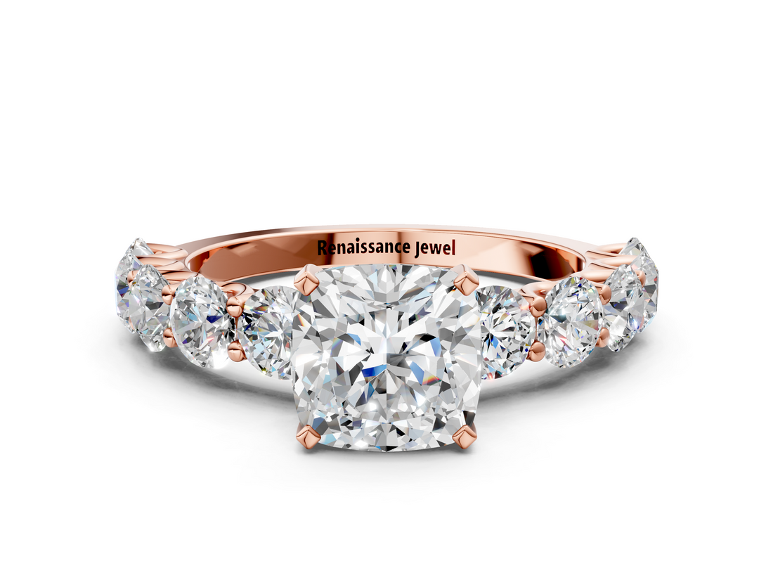 Rose gold Cushion Diamond Prong Setting with Side Stones on a Pave Band_125