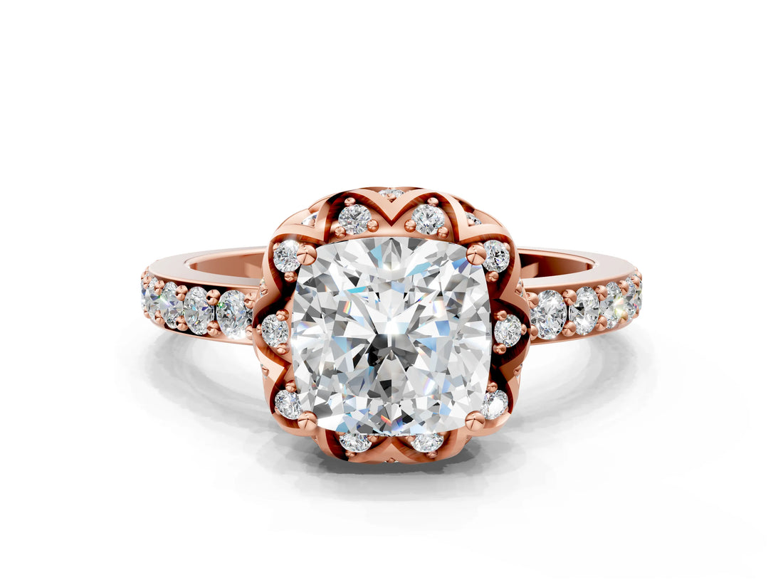 Rose gold Cushion Diamond Solitaire Ring with Shared Prong Pavé Band_53