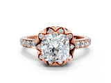 Rose gold Cushion Diamond Solitaire Ring with Shared Prong Pavé Band_53