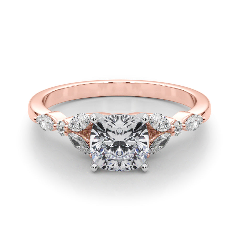 Rose gold Cushion Diamond Solitaire with Side Stones on a White Gold Band and Four-Prong Setting 1