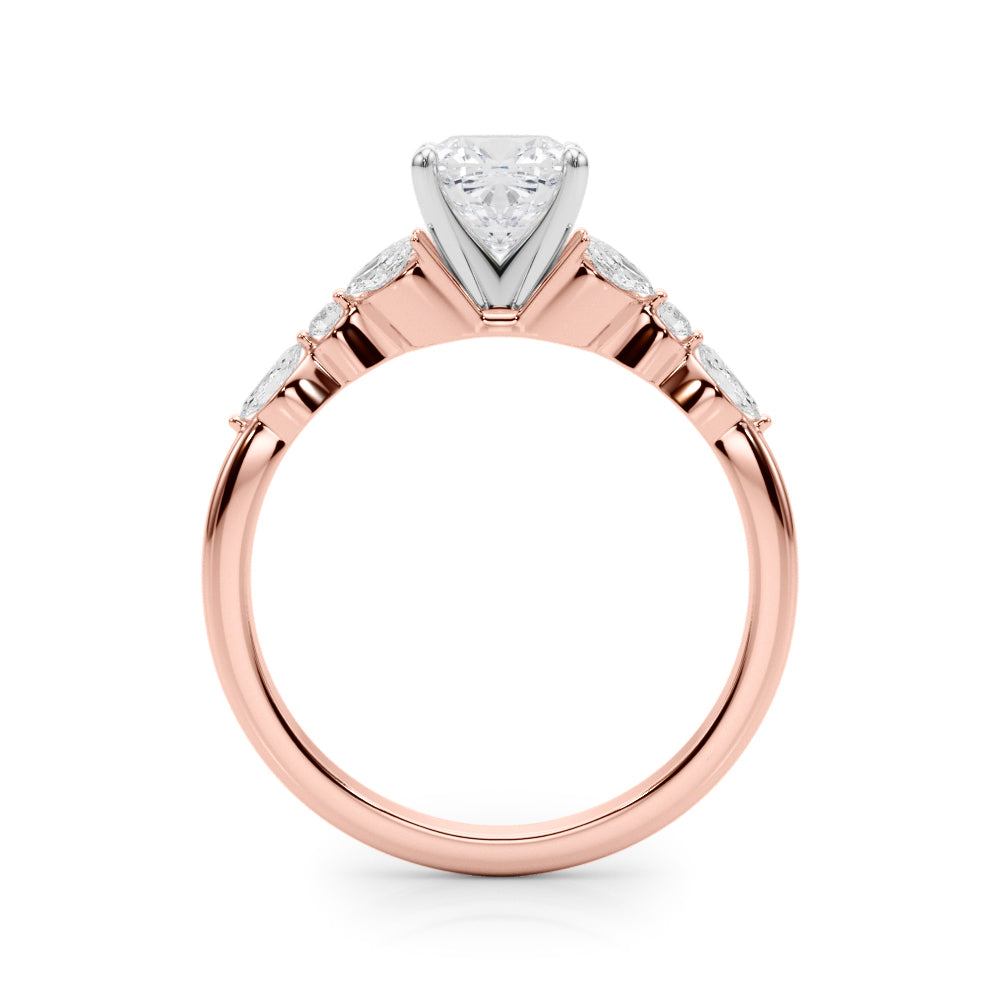 Rose gold Cushion Diamond Solitaire with Side Stones on a White Gold Band and Four-Prong Setting 2
