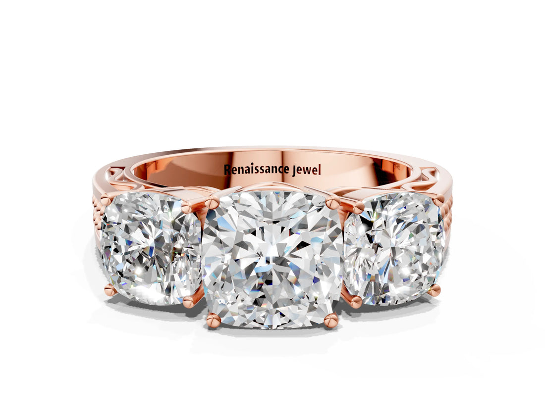 Rose gold Cushion Diamond Three-Stone Ring with Prong Setting and Textured Band_6
