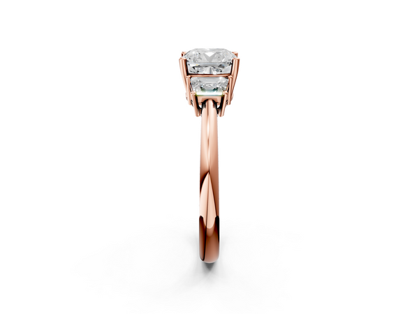 Rose Gold Cushion Cut Three Stone Engagement Ring Setting with Trapezoid Side Stones and Prong Head