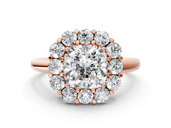Rose gold Cushion Halo Cluster Diamond Engagement Ring with Prong Setting and Polished Band