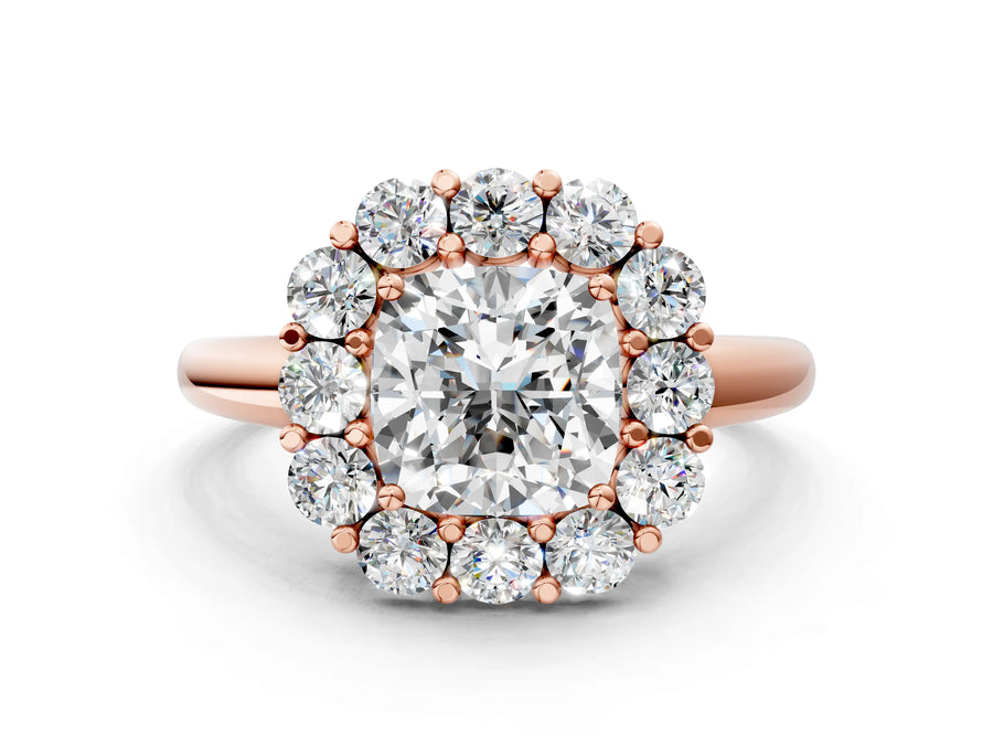 Rose gold Cushion Halo Cluster Diamond Engagement Ring with Prong Setting and Polished Band