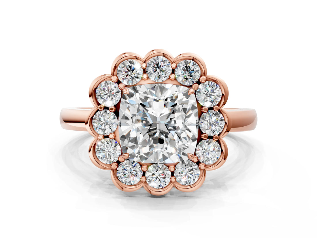 Rose gold Cushion Halo Cluster Diamond Engagement Ring with Solitaire Band and Prong Setting_49