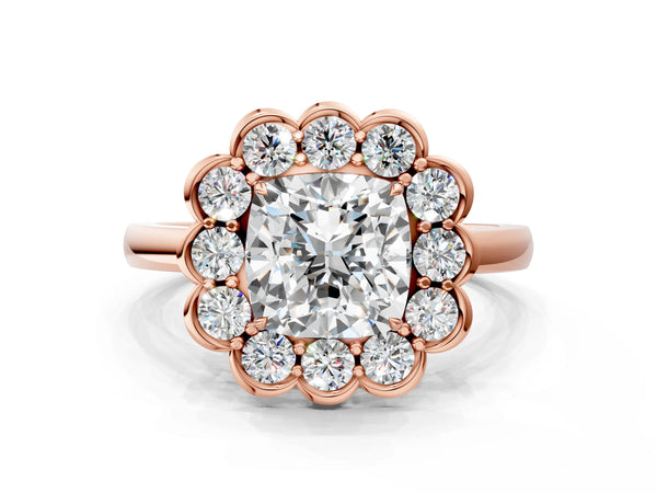 Rose gold Cushion Halo Cluster Diamond Engagement Ring with Solitaire Band and Prong Setting