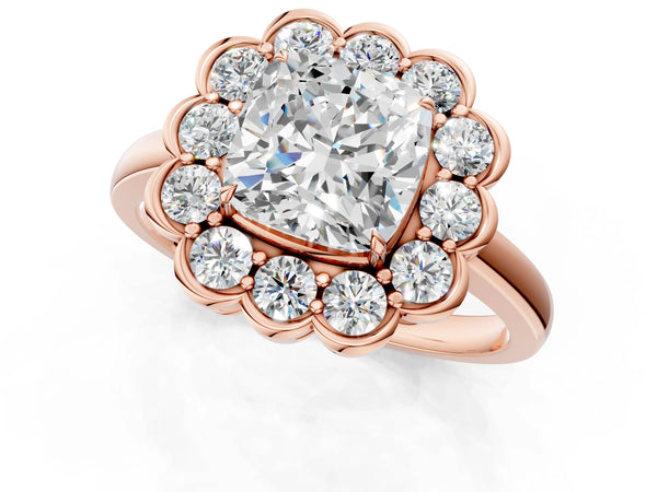 Rose gold Cushion Halo Cluster Diamond Engagement Ring with Solitaire Band and Prong Setting