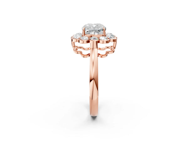 Rose gold Cushion Halo Cluster Diamond Engagement Ring with Solitaire Band and Prong Setting