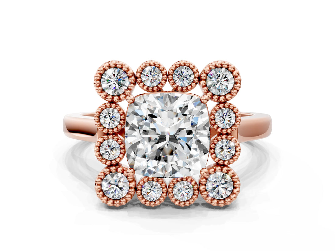 Rose gold Cushion Halo Diamond Cluster Engagement Ring with Milgrain Bezel Setting and Solitaire Band_57