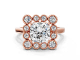 Rose gold Cushion Halo Diamond Cluster Engagement Ring with Milgrain Bezel Setting and Solitaire Band_57
