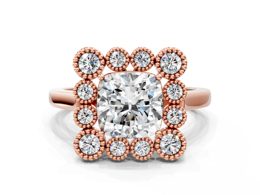 Rose gold Cushion Halo Diamond Cluster Engagement Ring with Milgrain Bezel Setting and Solitaire Band