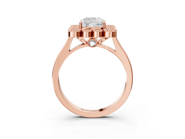 Rose gold Cushion Halo Diamond Cluster Engagement Ring with Milgrain Bezel Setting and Solitaire Band