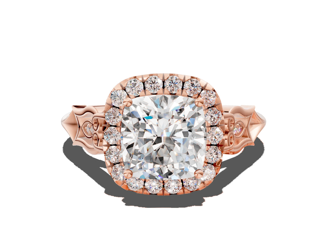 Rose gold Cushion Halo Diamond Engagement Ring with Filigree Band and Four-Prong Setting_81