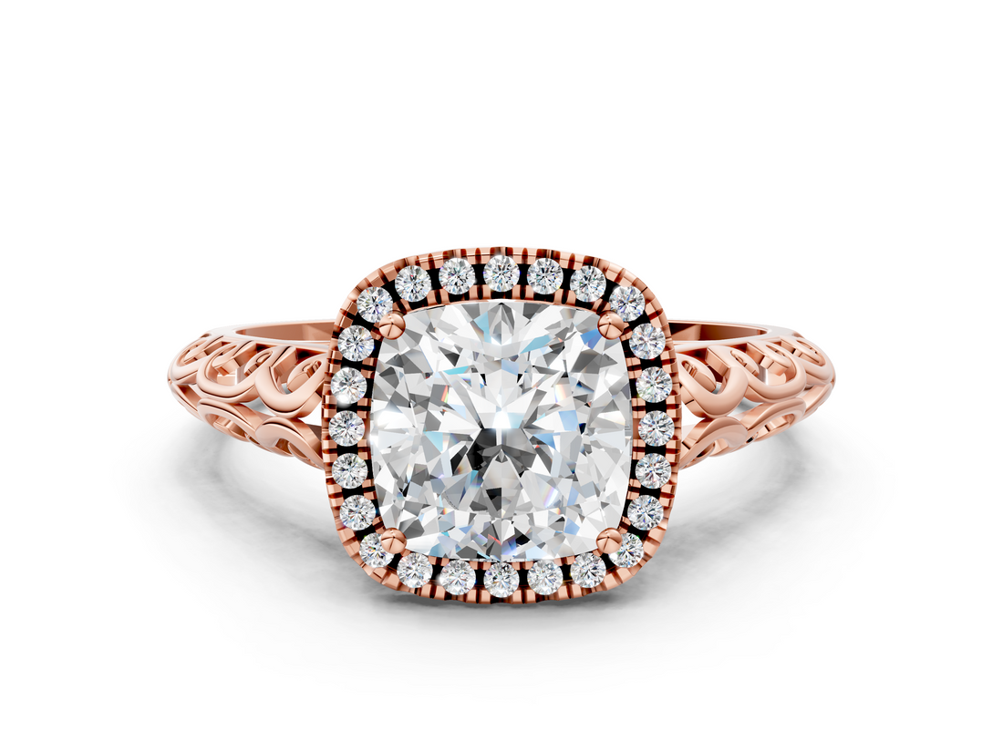 Rose gold Cushion Halo Diamond Engagement Ring with Intricate Filigree Band and Four-Prong Setting_37