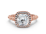 Rose gold Cushion Halo Diamond Engagement Ring with Intricate Filigree Band and Four-Prong Setting_37