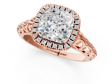 Rose gold Cushion Halo Diamond Engagement Ring with Intricate Filigree Band and Four-Prong Setting_38