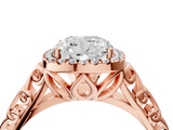 Rose gold Cushion Halo Diamond Engagement Ring with Intricate Filigree Band and Four-Prong Setting_41