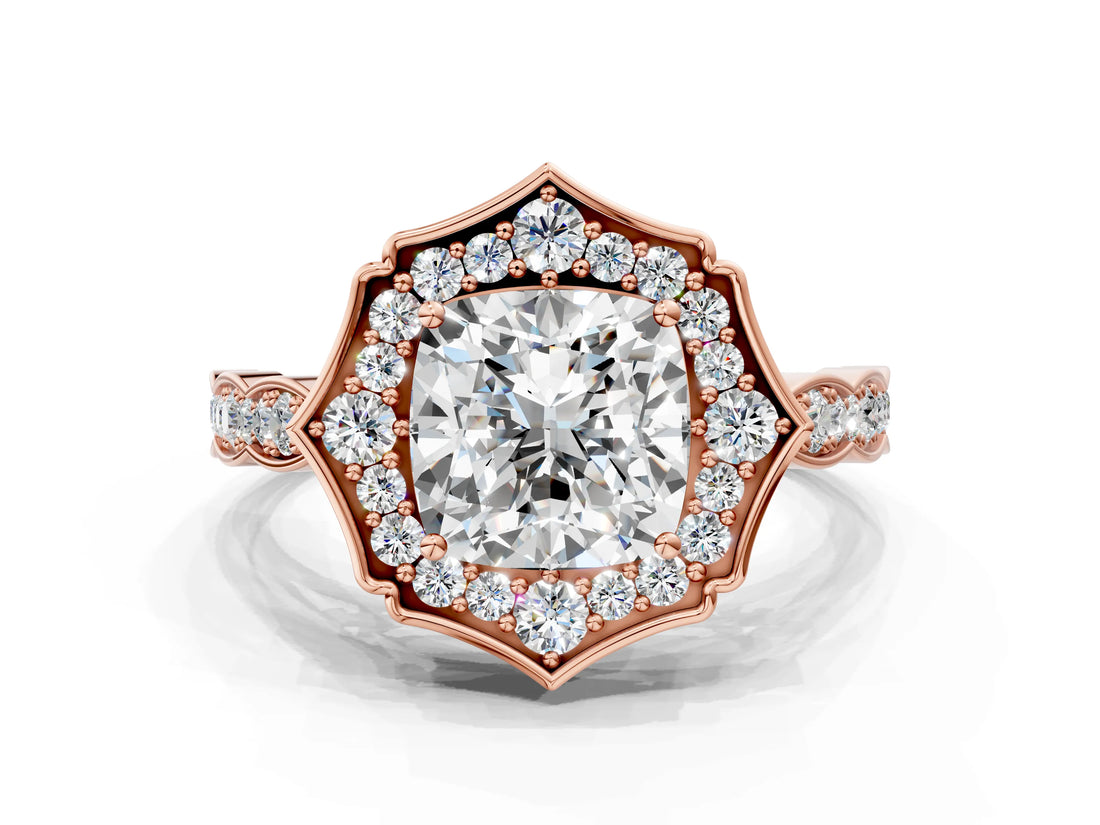 Rose gold Cushion Halo Diamond Engagement Ring with Milgrain Band and Four-Prong Setting_54