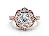 Rose gold Cushion Halo Diamond Engagement Ring with Milgrain Band and Four-Prong Setting_54