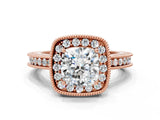 Rose gold Cushion Halo Diamond Engagement Ring with Milgrain Pave Band and Four-Prong Setting_93