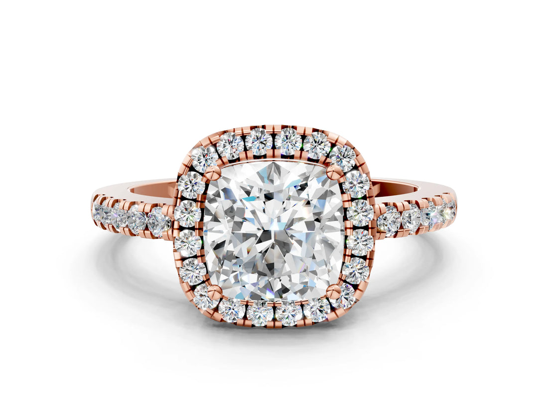 Rose gold Cushion Halo Diamond Engagement Ring with Pavé Band and Four-Prong Setting_39
