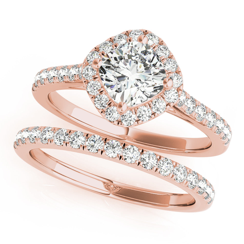 Rose gold Cushion Halo Diamond Engagement Ring with Pave Band and Four-Prong Setting 1